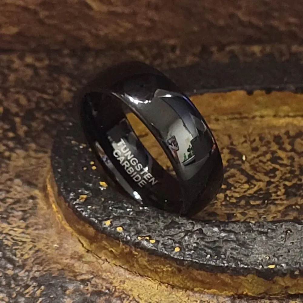 Men's Real Black Tungsten Wedding Band Dome Design Durable Black Coating